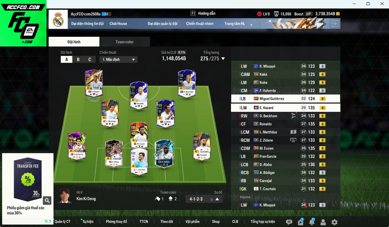 Real Madrid 1.148.050b có Ronaldo LN, Zidane LN, Essien JNM, Alaba DC, Matthaus RTN, Hazard HG, Beckham LN, Rudiger 25TS, Carvajal RTN, Courtois RMA...